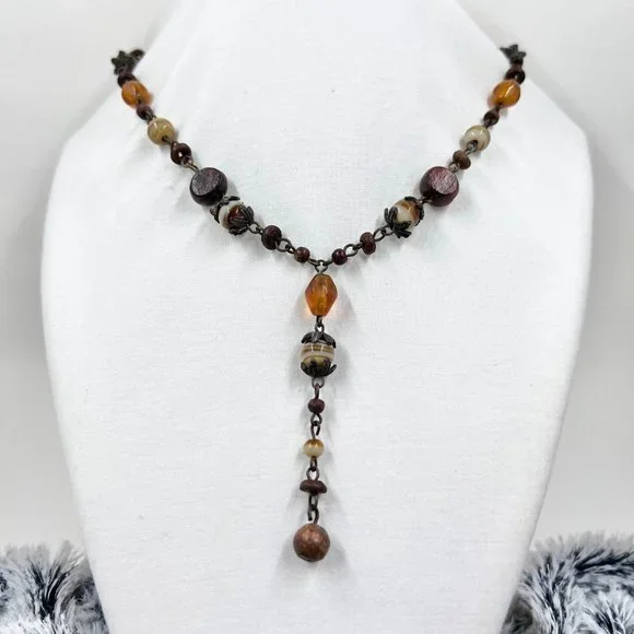 NWOT - NY & CO - Brown, Orange & Cream Beaded BOHO Style “Y” 16” Necklace - Picture 3 of 8